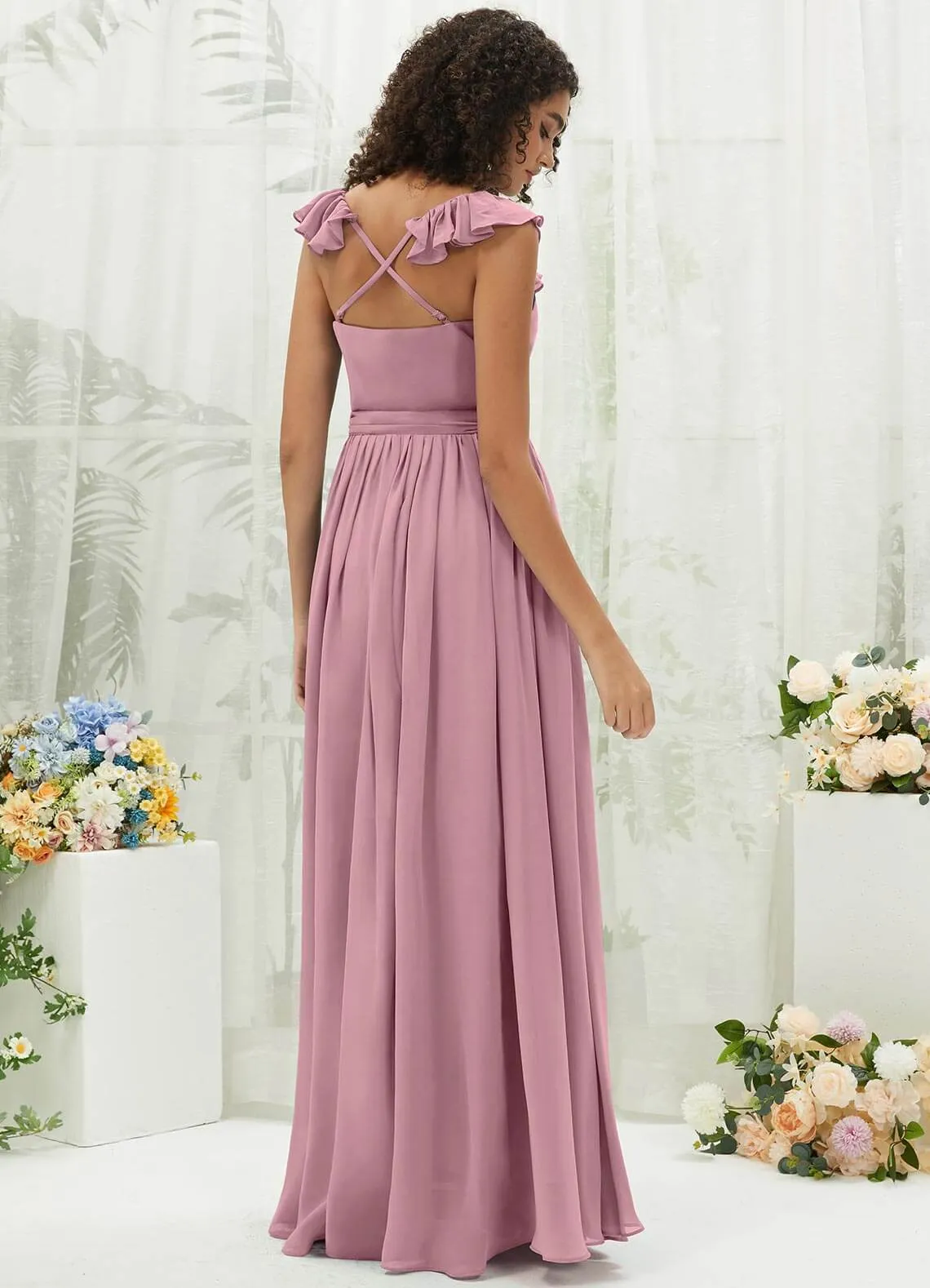 Vintage Mauve Chiffon Ruffle Cross Straps V-Neck Wrap Bridesmaid Dress