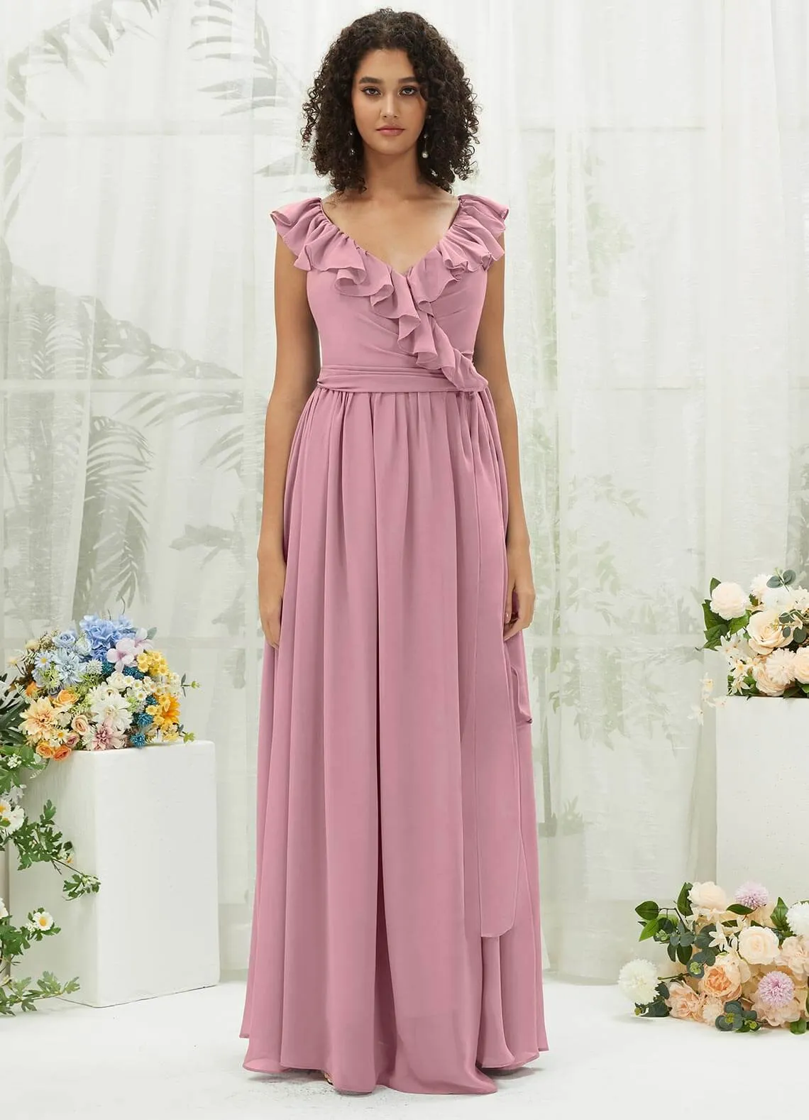 Vintage Mauve Chiffon Ruffle Cross Straps V-Neck Wrap Bridesmaid Dress