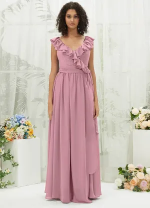 Vintage Mauve Chiffon Ruffle Cross Straps V-Neck Wrap Bridesmaid Dress