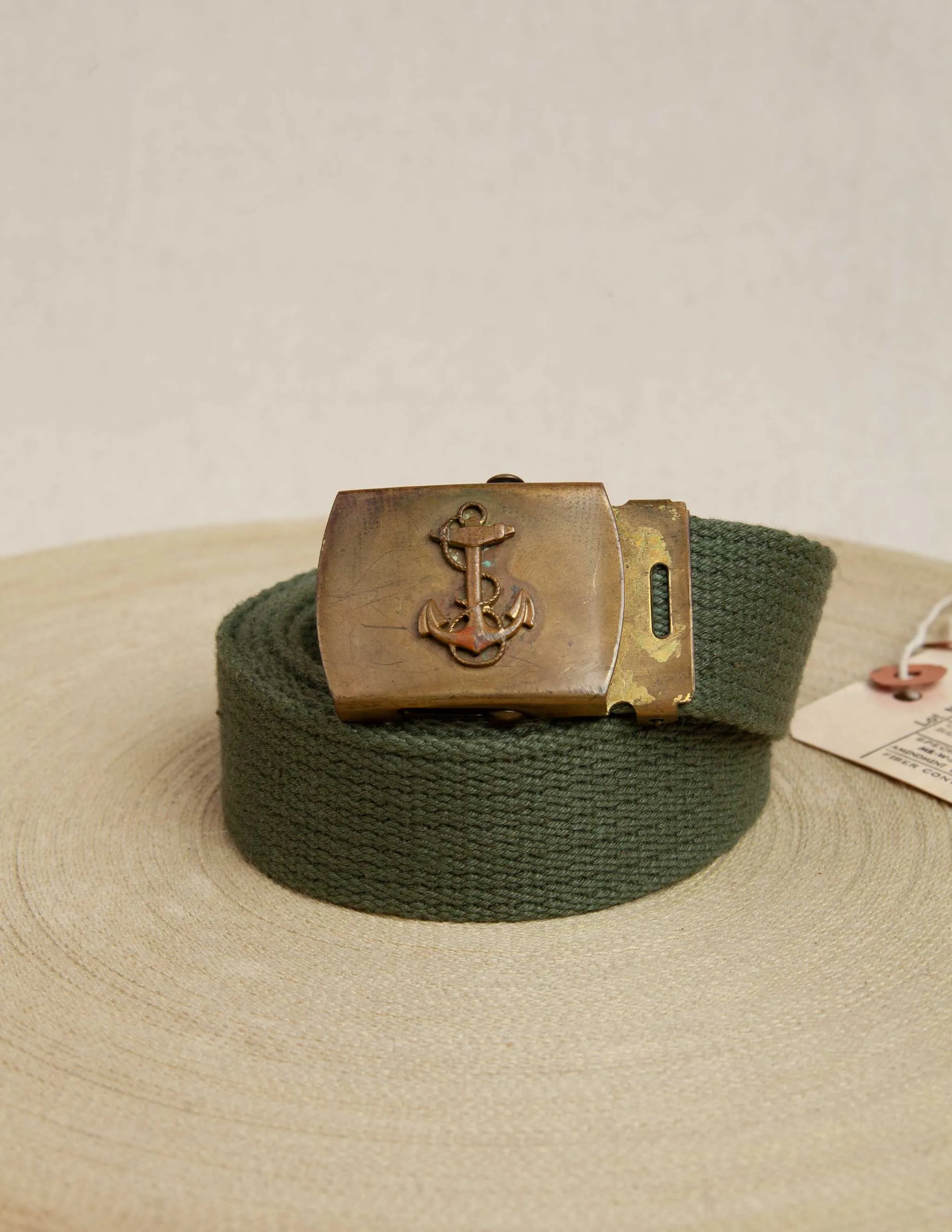 Vintage Olive Web Belt with Brass Anchor Buckle