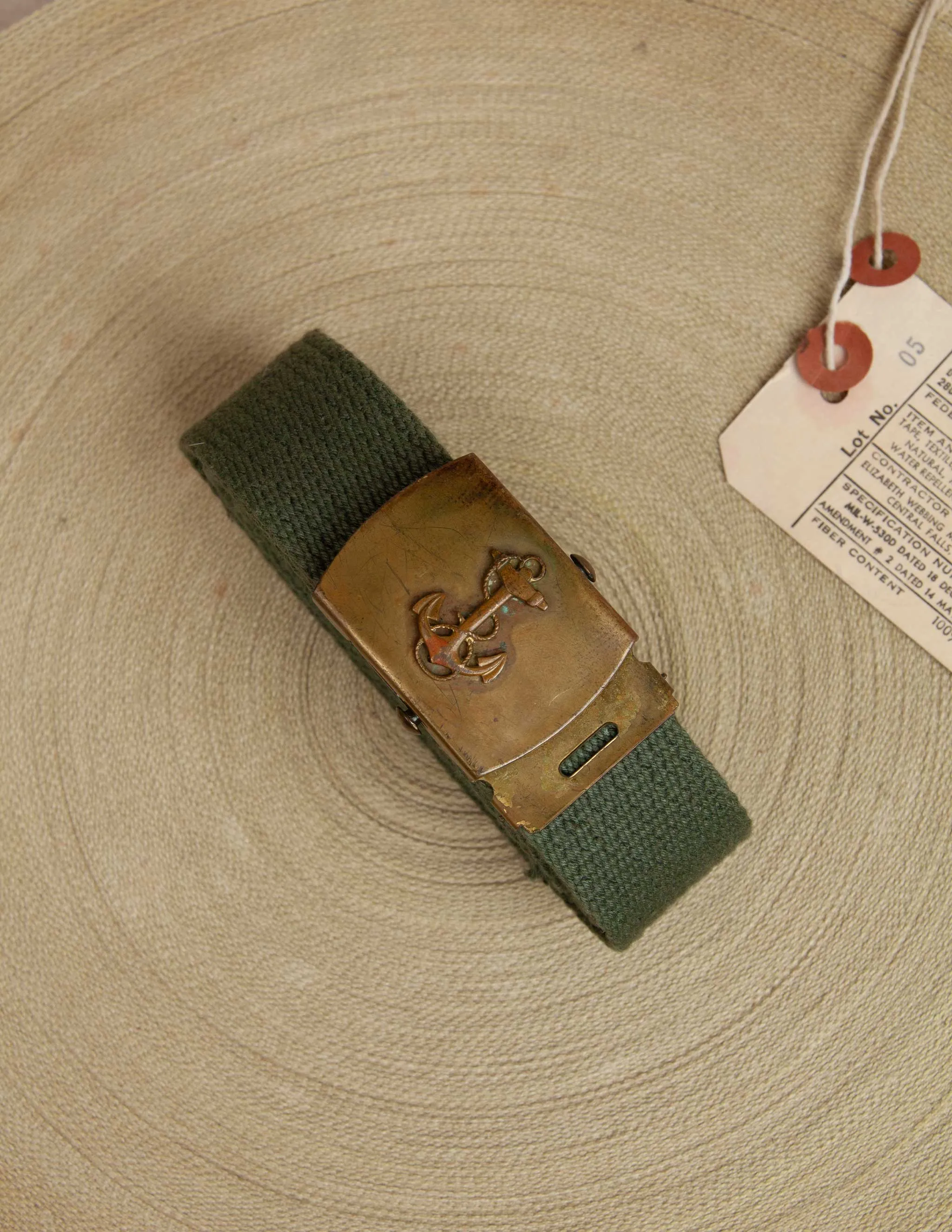 Vintage Olive Web Belt with Brass Anchor Buckle