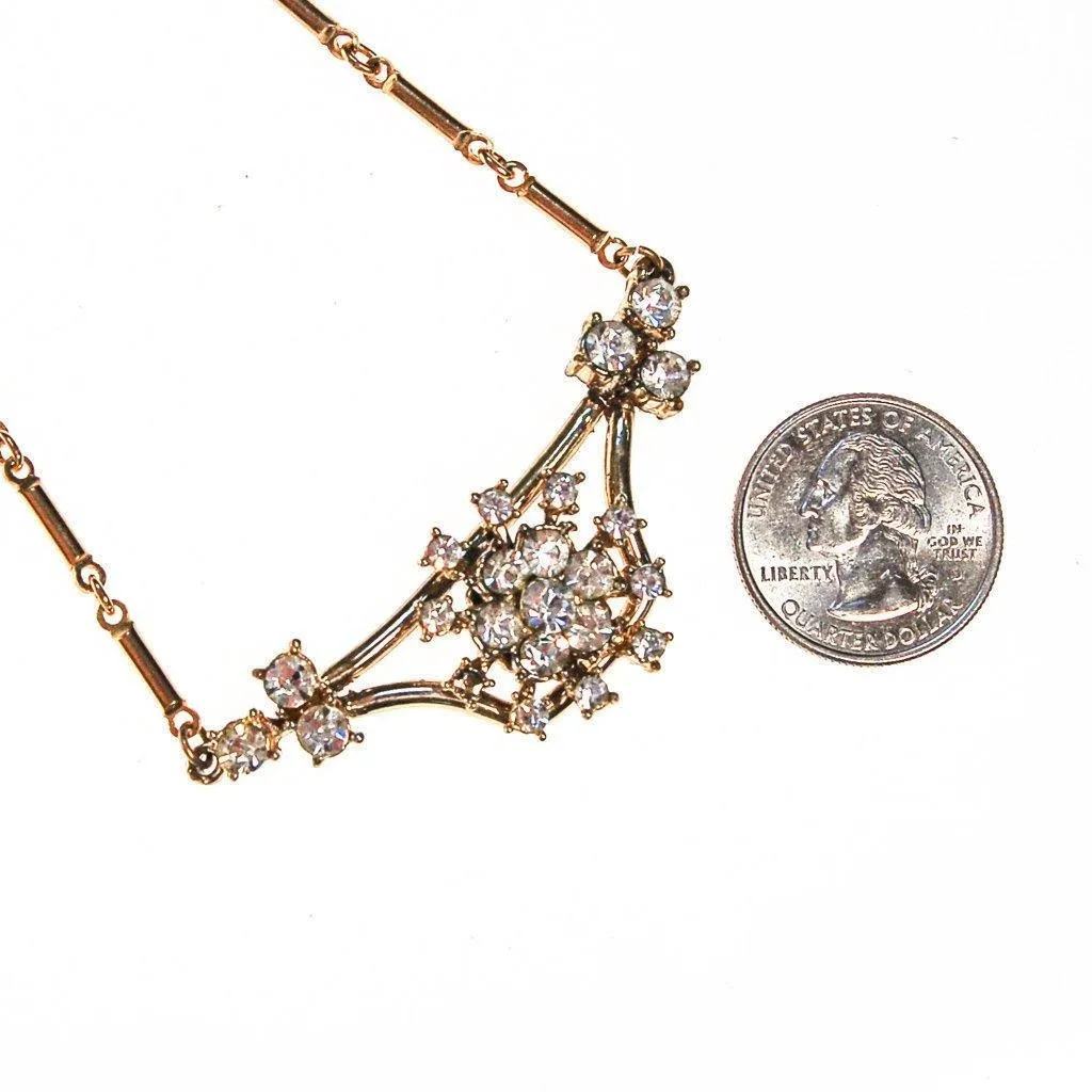 Vintage Rhinestone Pendant Necklace in Gold Tone