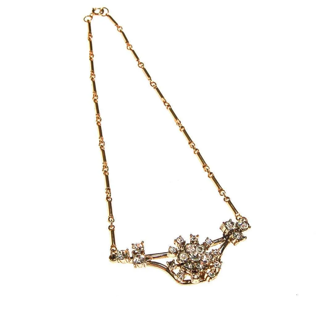Vintage Rhinestone Pendant Necklace in Gold Tone