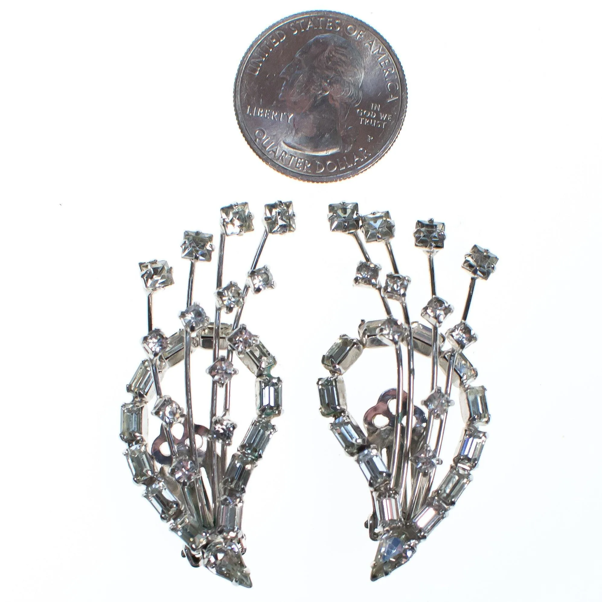 Vintage Statement Earrings, Diamante Crystals, Silver Tone Setting, Clip-on