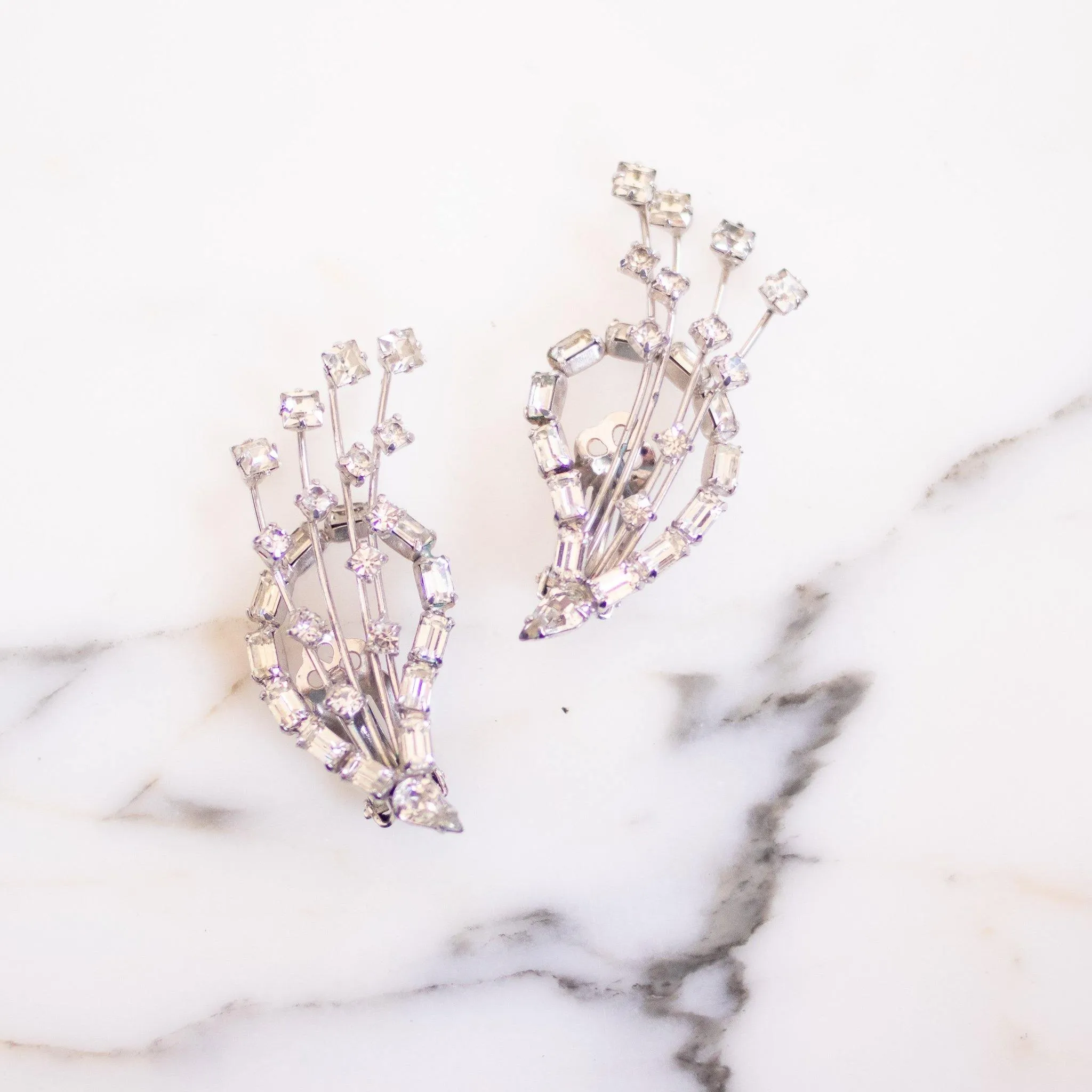 Vintage Statement Earrings, Diamante Crystals, Silver Tone Setting, Clip-on