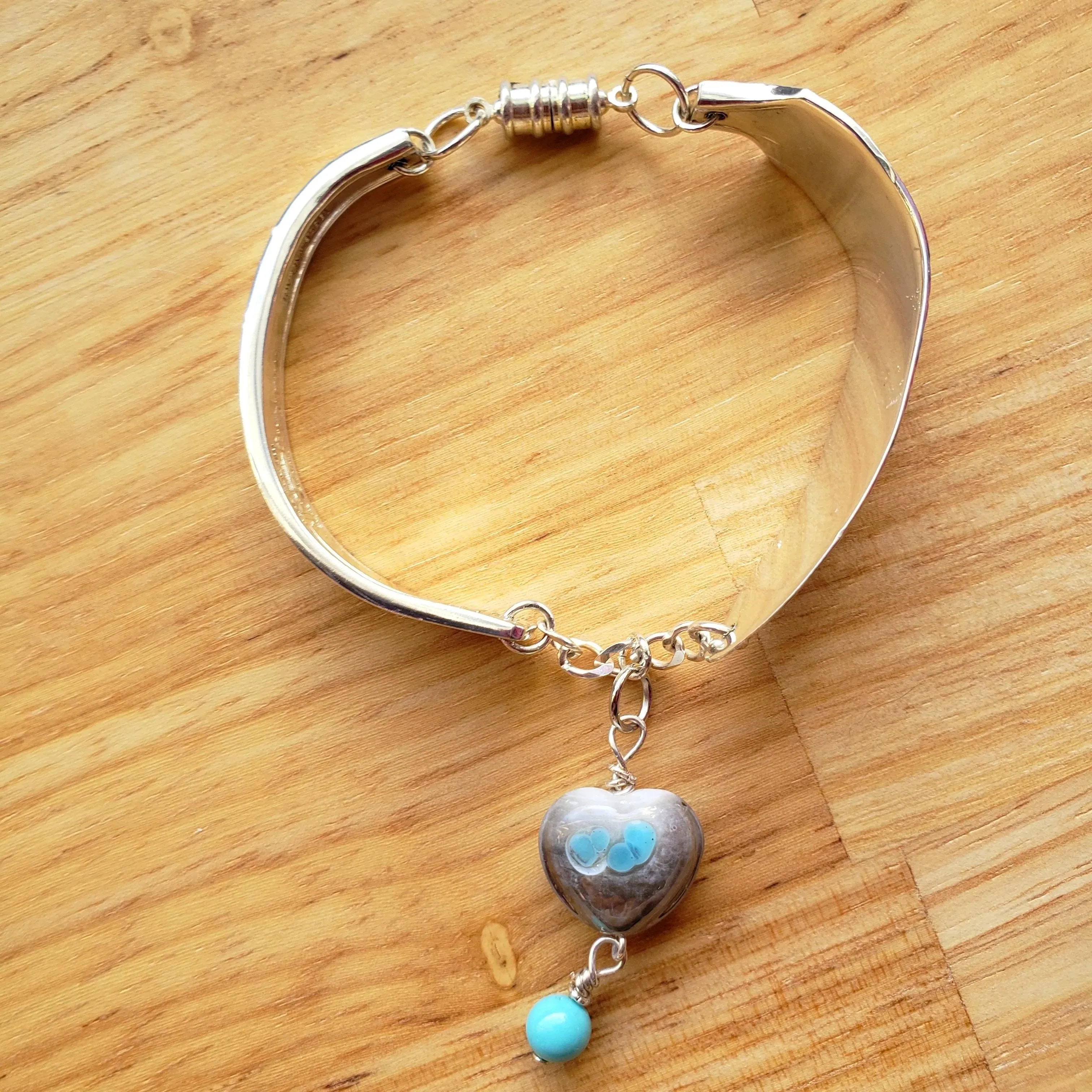 Vintage Sterling Silver Flatware Bracelet with Ceramic Heart & Turquoise Howlite - Handmade Jewelry