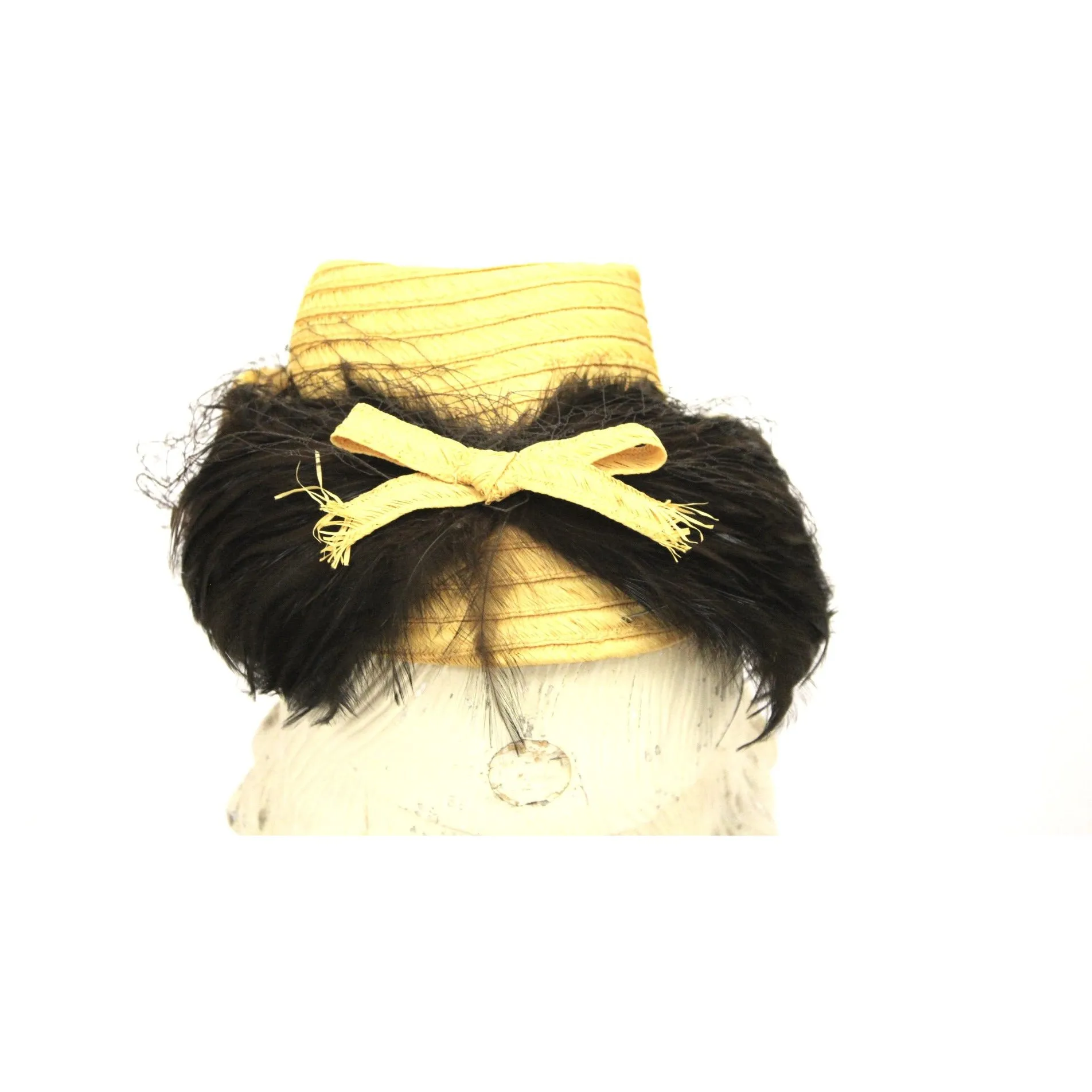 Vintage Suiter Hat Small Natural Straw Fascinator Veiled Hat Brown Feathers 1940s O/S