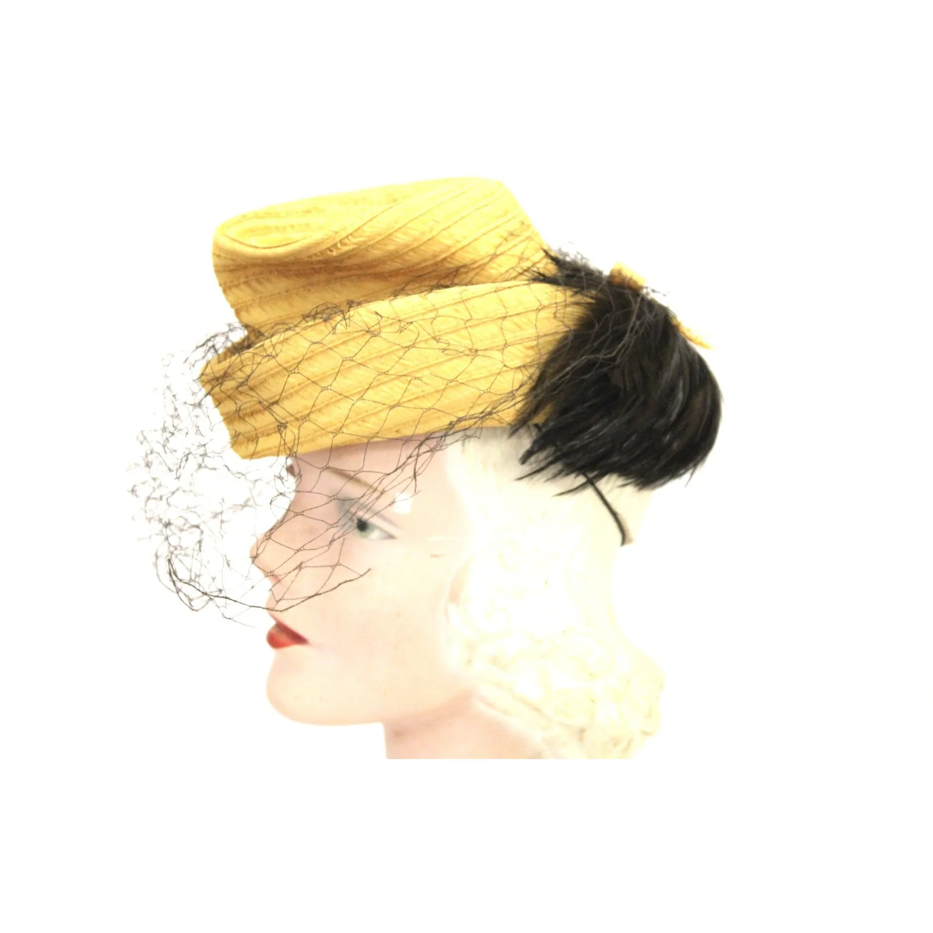 Vintage Suiter Hat Small Natural Straw Fascinator Veiled Hat Brown Feathers 1940s O/S