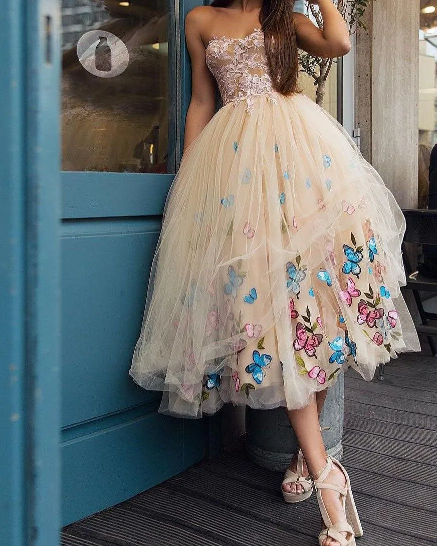 Vintage Tulle Prom Dresses with Butterfly Tea Length Short Party Dress AW2203302