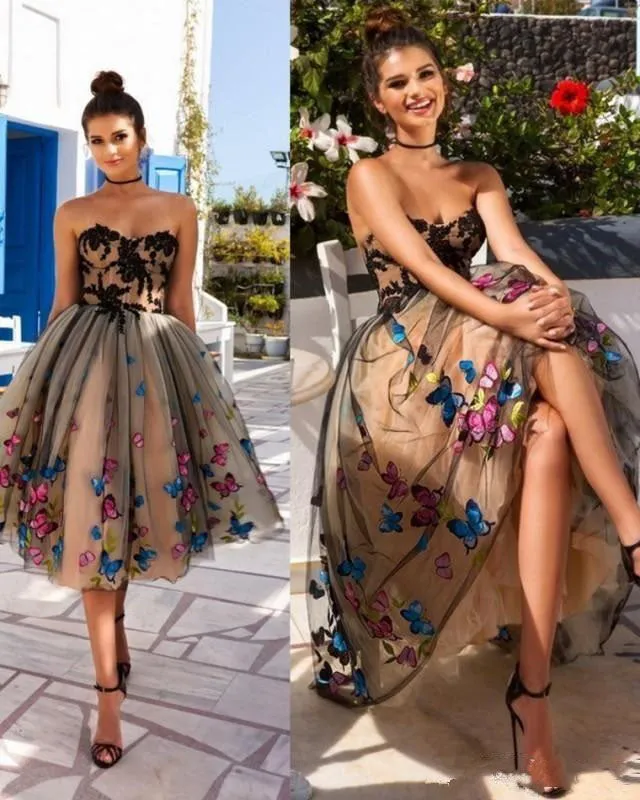 Vintage Tulle Prom Dresses with Butterfly Tea Length Short Party Dress AW2203302