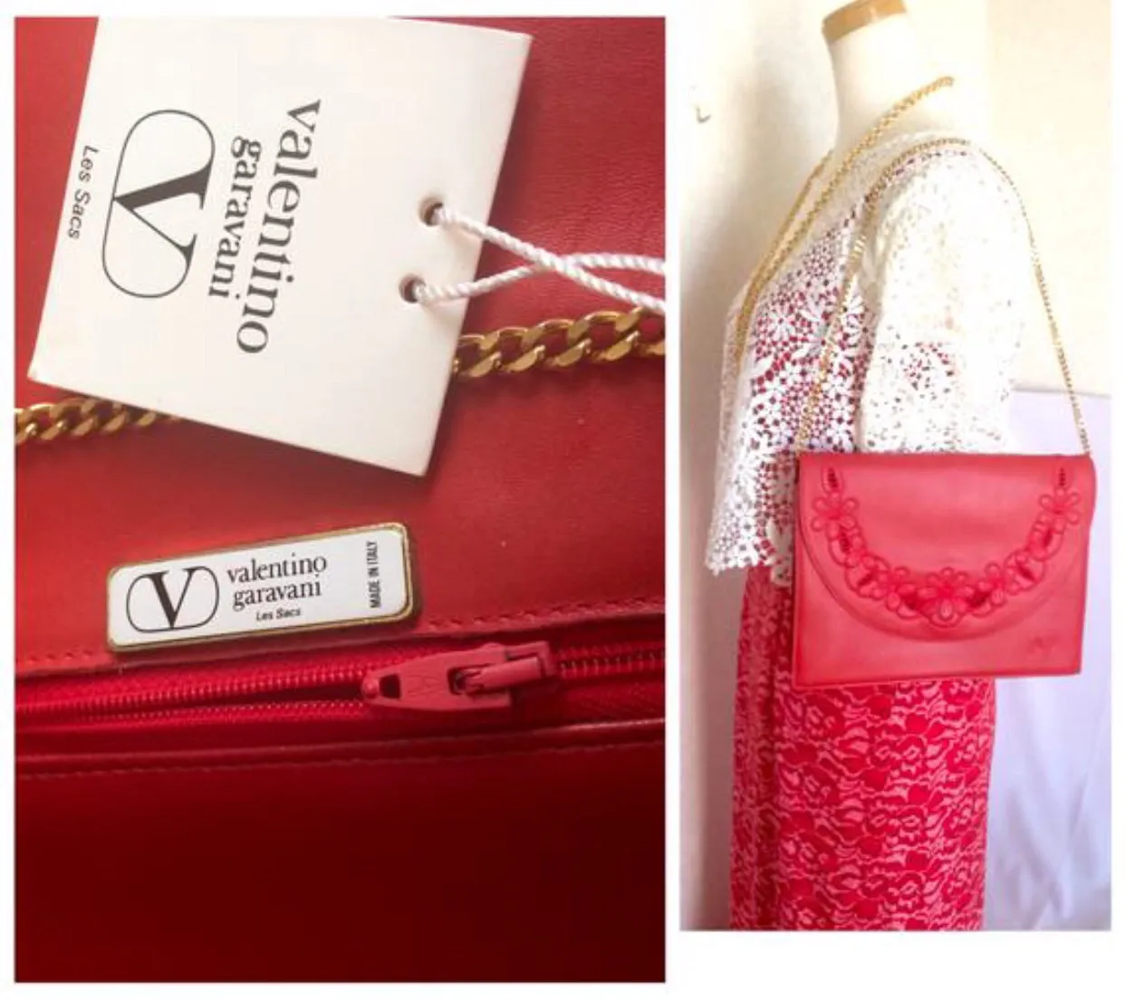 Vintage Valentino Garavani red leather clutch shoulder bag with red flower embroidery deco on the flap and V logo.
