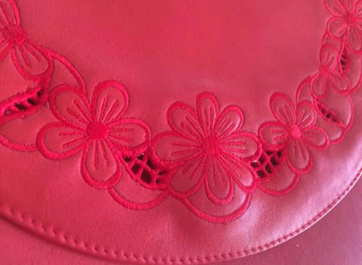 Vintage Valentino Garavani red leather clutch shoulder bag with red flower embroidery deco on the flap and V logo.