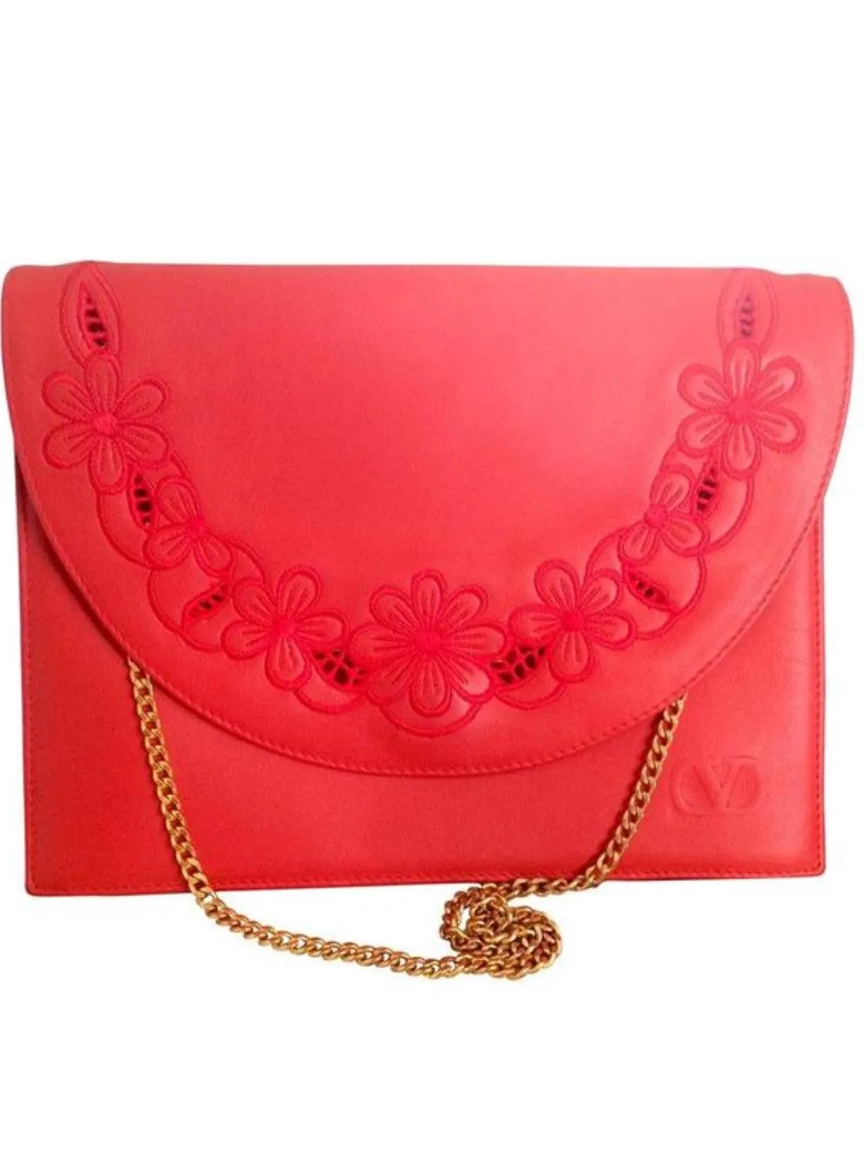 Vintage Valentino Garavani red leather clutch shoulder bag with red flower embroidery deco on the flap and V logo.