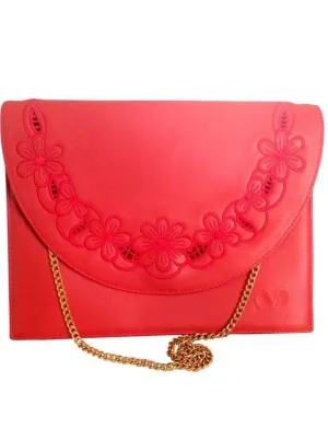 Vintage Valentino Garavani red leather clutch shoulder bag with red flower embroidery deco on the flap and V logo.