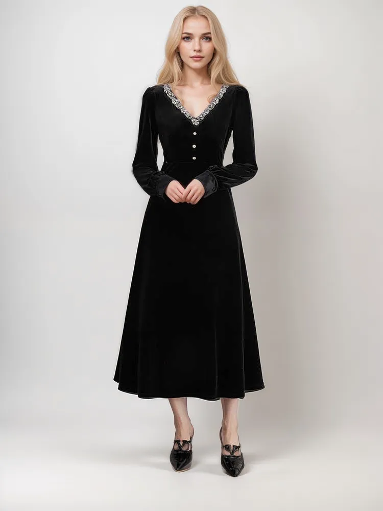 Vintage Velvet A-Line Dress with Embroidered V-Neck and Pearl Buttons