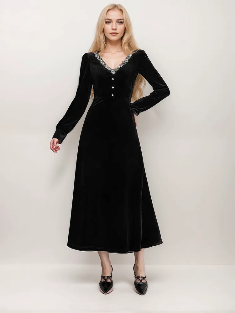 Vintage Velvet A-Line Dress with Embroidered V-Neck and Pearl Buttons