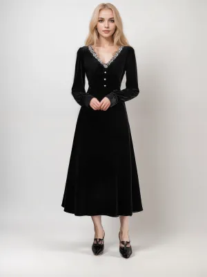 Vintage Velvet A-Line Dress with Embroidered V-Neck and Pearl Buttons
