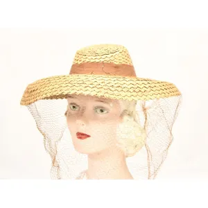 Vintage Wide Brim Straw Hat Veiled 1940s Church WW2 Natural Straw Fedora
