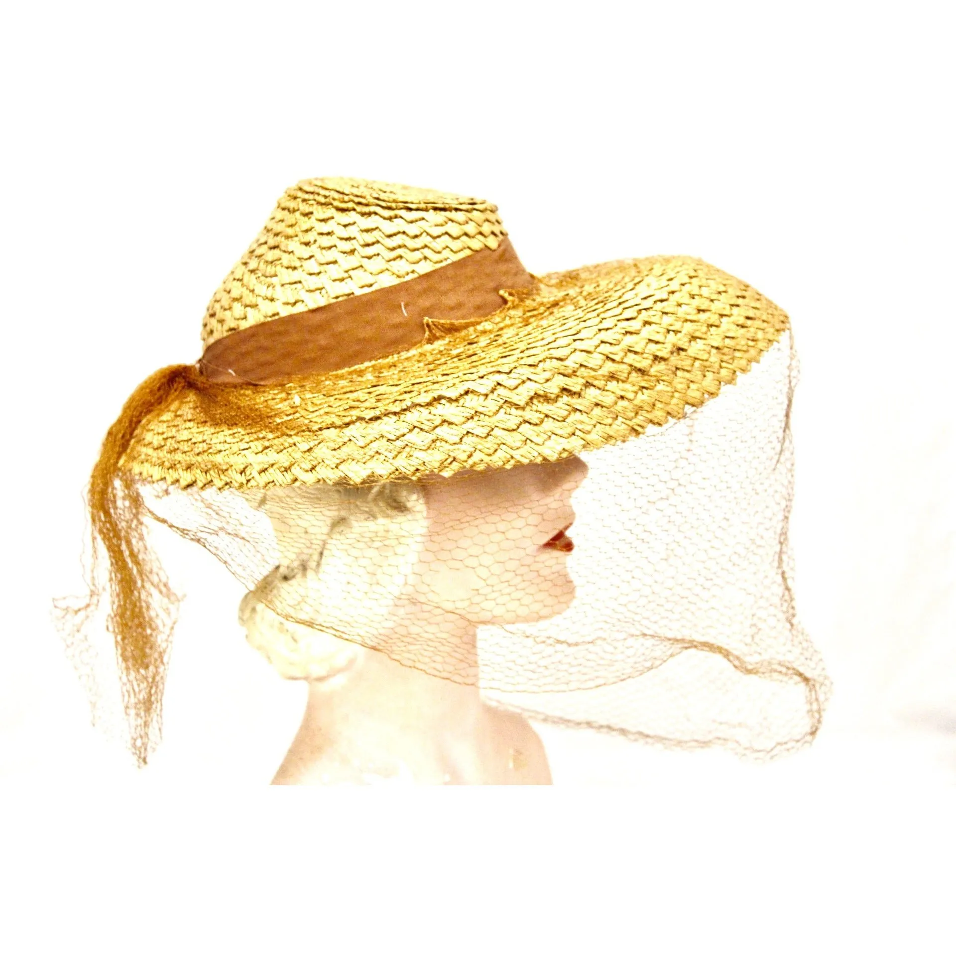 Vintage Wide Brim Straw Hat Veiled 1940s Church WW2 Natural Straw Fedora