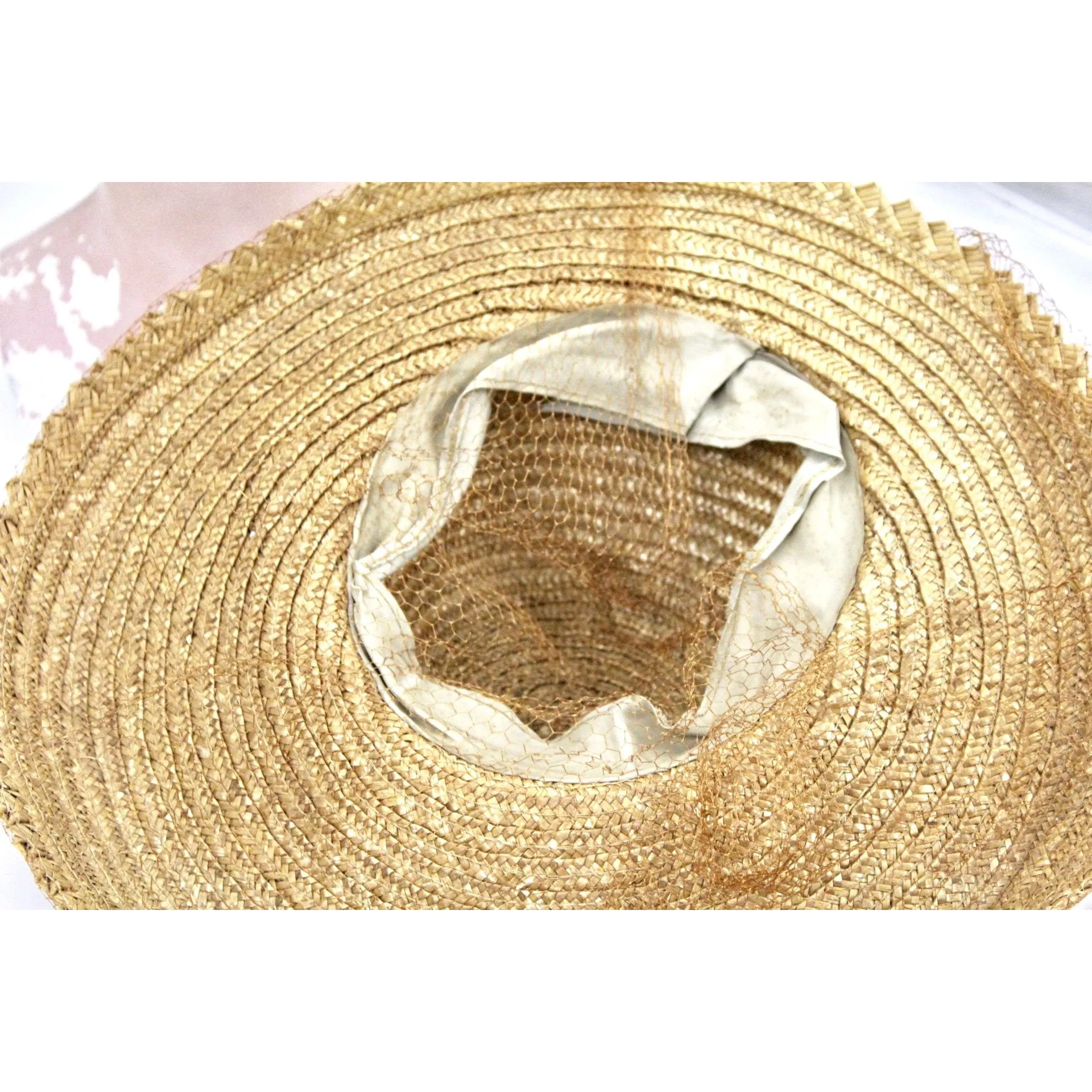 Vintage Wide Brim Straw Hat Veiled 1940s Church WW2 Natural Straw Fedora