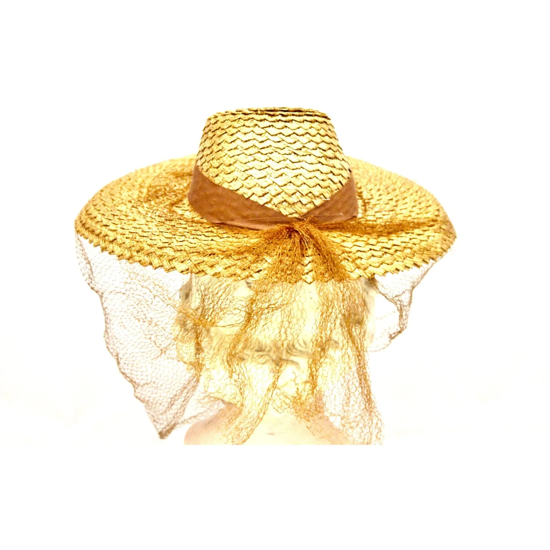 Vintage Wide Brim Straw Hat Veiled 1940s Church WW2 Natural Straw Fedora