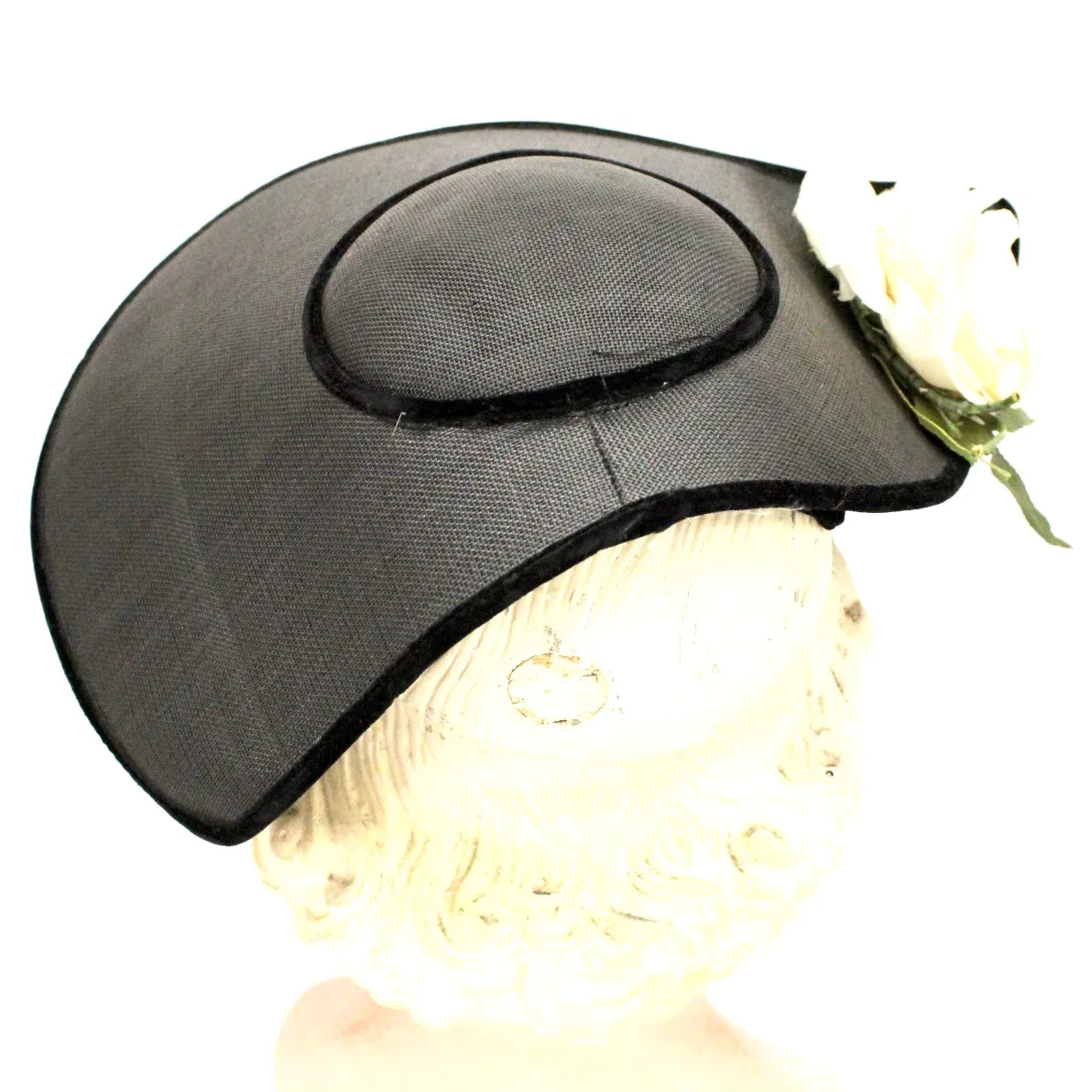 Vintage Wide Brimmed Saucer Hat Teardrop Black Straw Yellow Rose 1950s  Church Marvelous Maisel