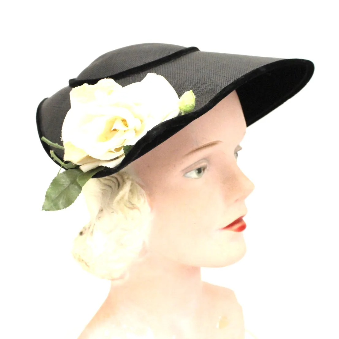 Vintage Wide Brimmed Saucer Hat Teardrop Black Straw Yellow Rose 1950s  Church Marvelous Maisel