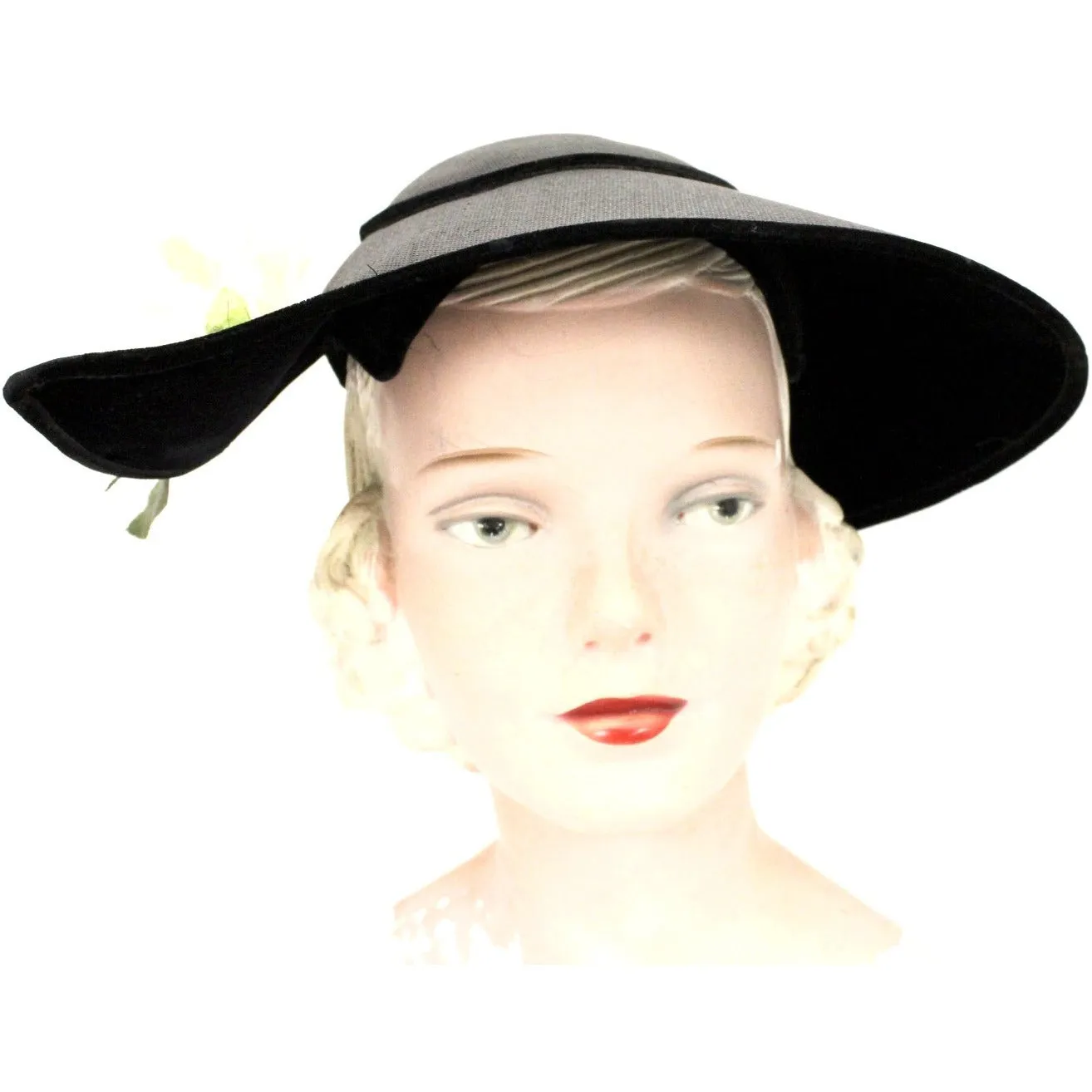 Vintage Wide Brimmed Saucer Hat Teardrop Black Straw Yellow Rose 1950s  Church Marvelous Maisel