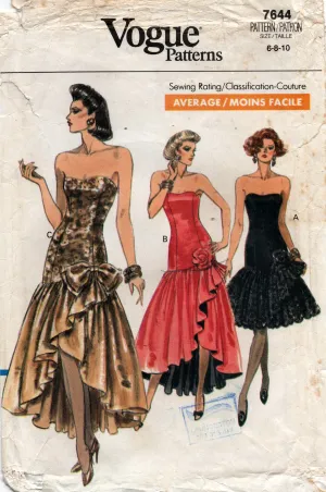 Vogue 7644 Womens Boned Bodice Drop Waisted Ruffled Evening Gown 1980s Vintage Sewing Pattern Size 6 - 10