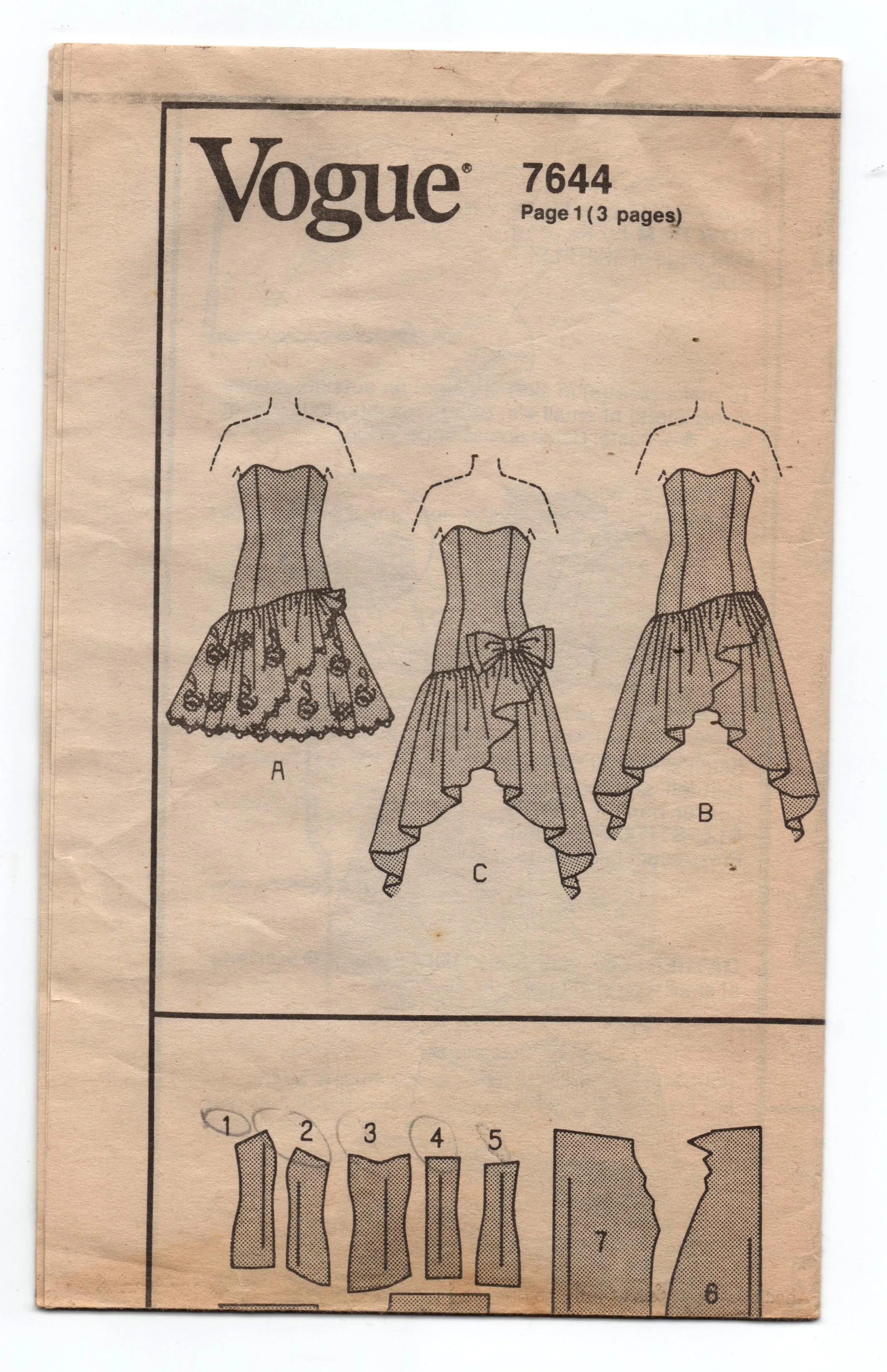 Vogue 7644 Womens Boned Bodice Drop Waisted Ruffled Evening Gown 1980s Vintage Sewing Pattern Size 6 - 10