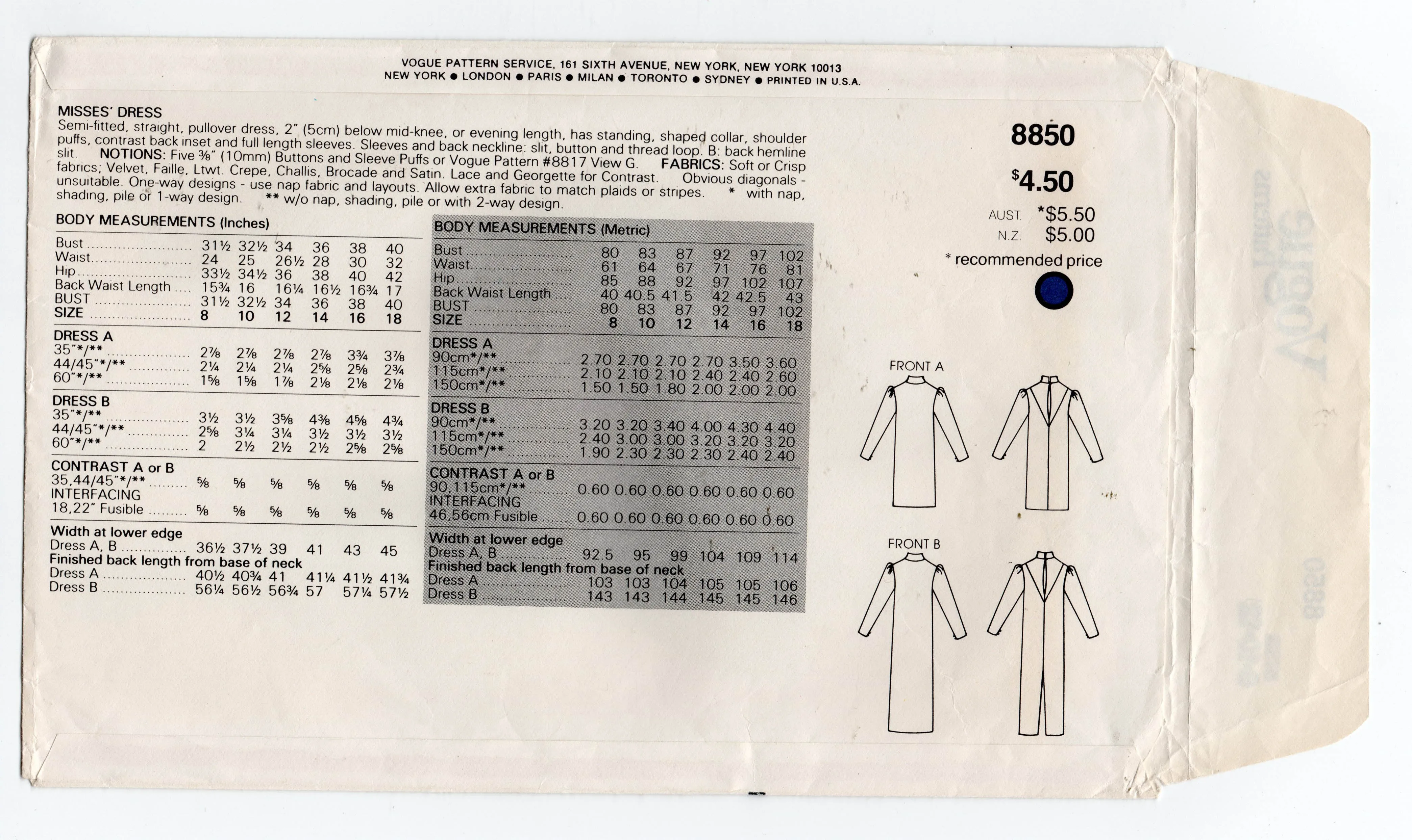 Vogue 8850 Womens EASY Evening Dress with Puff Sleeves & Back Lace Panel 1980s Vintage Sewing Pattern Size 8 - 12