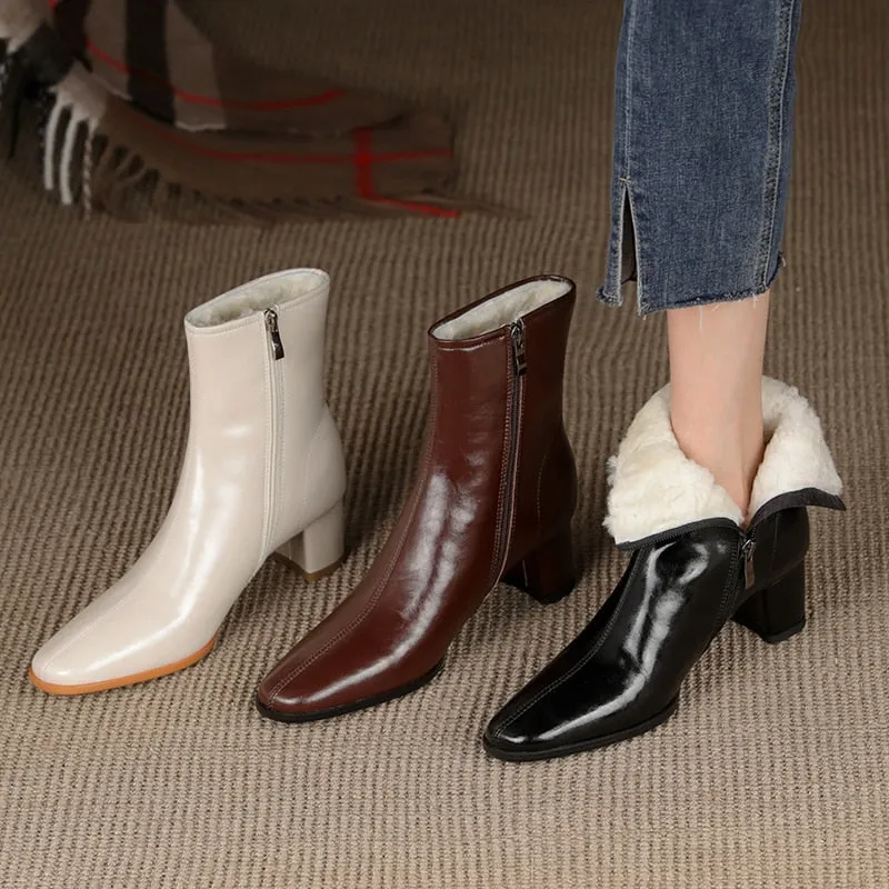 Warm Wool Ankle Boots for Women Real Leather