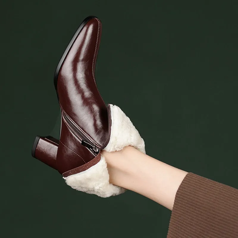 Warm Wool Ankle Boots for Women Real Leather