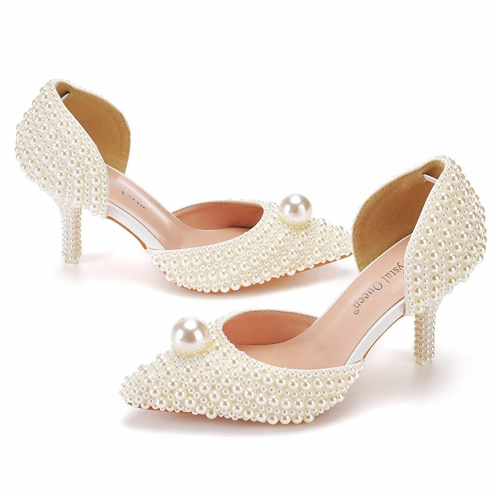 White Beads Big Pearl wedding shoes Bride Pointed Toe