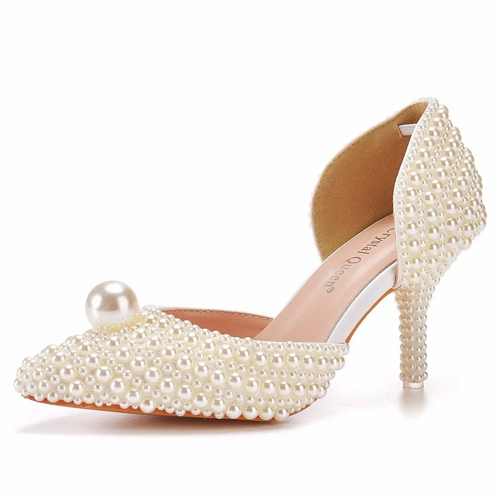 White Beads Big Pearl wedding shoes Bride Pointed Toe