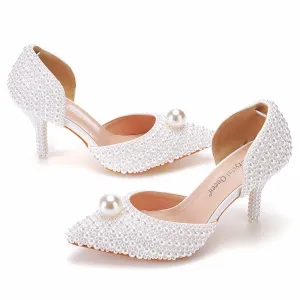 White Beads Big Pearl wedding shoes Bride Pointed Toe