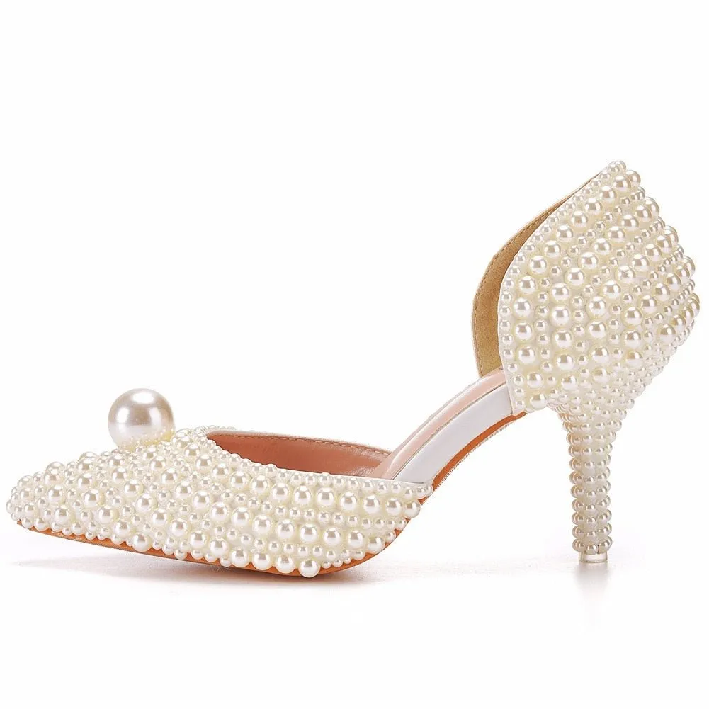 White Beads Big Pearl wedding shoes Bride Pointed Toe