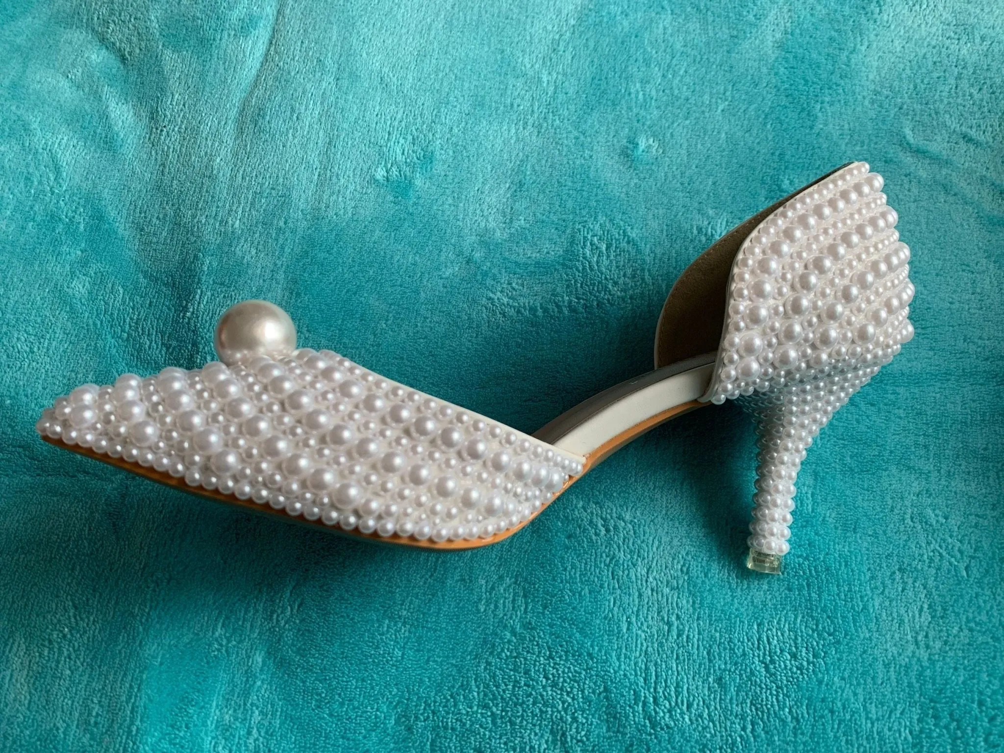 White Beads Big Pearl wedding shoes Bride Pointed Toe