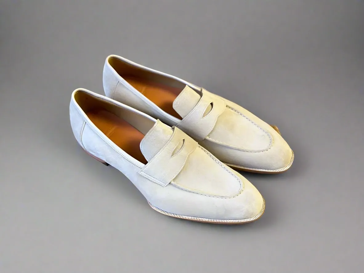 White Italian Suede Leather Penny Loafers - Loafers Shoes