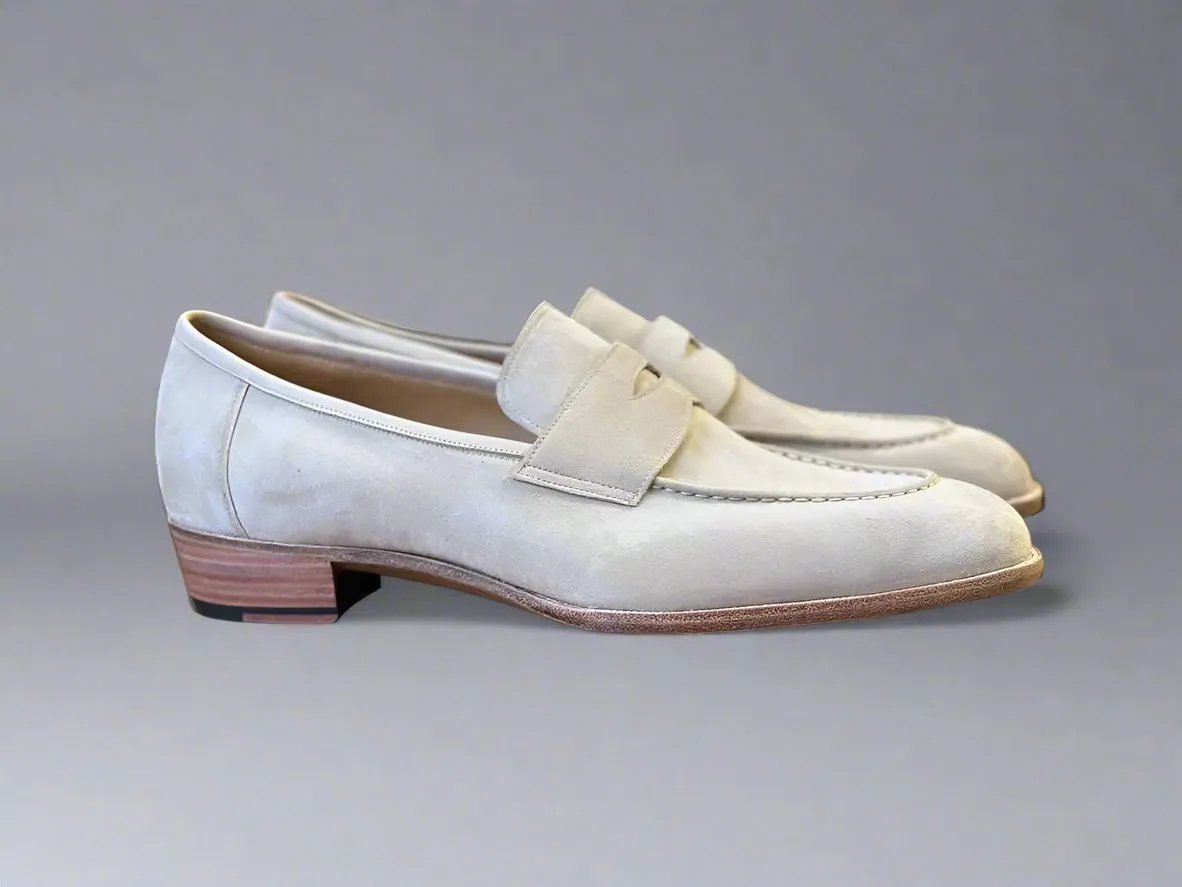 White Italian Suede Leather Penny Loafers - Loafers Shoes