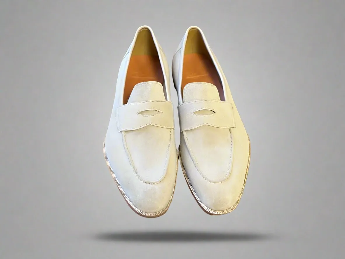 White Italian Suede Leather Penny Loafers - Loafers Shoes