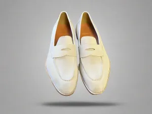 White Italian Suede Leather Penny Loafers - Loafers Shoes