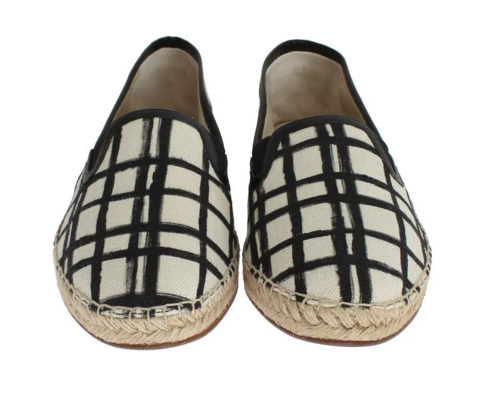 White Linen Checkered Logo Espadrilles