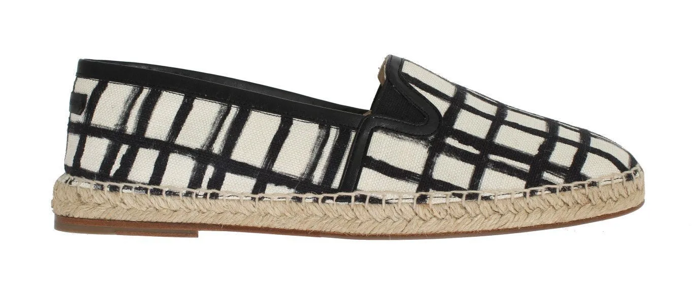 White Linen Checkered Logo Espadrilles