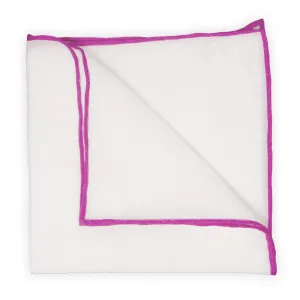 White Linen Pocket Square with Fuchsia Trim
