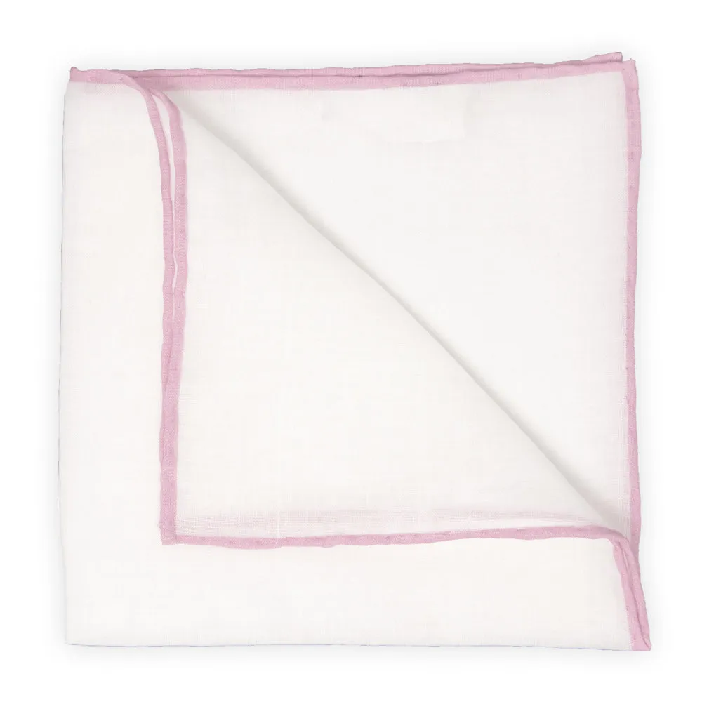 White Linen Pocket Square with Pink Trim