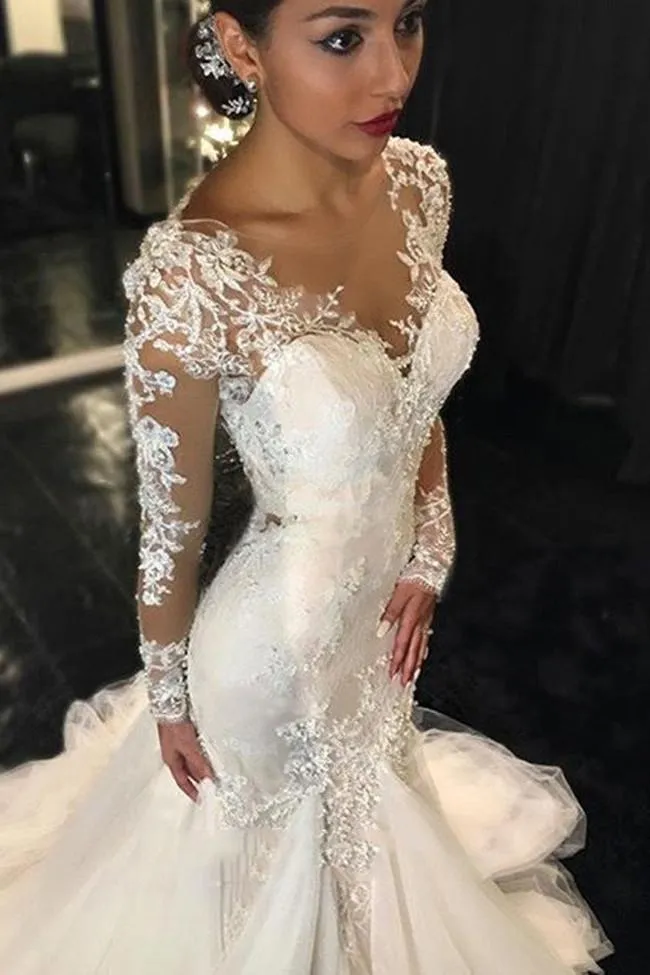 White Long Sleeve Lace See Through Wedding Dress, Elegant Bridal Dresses, MW189