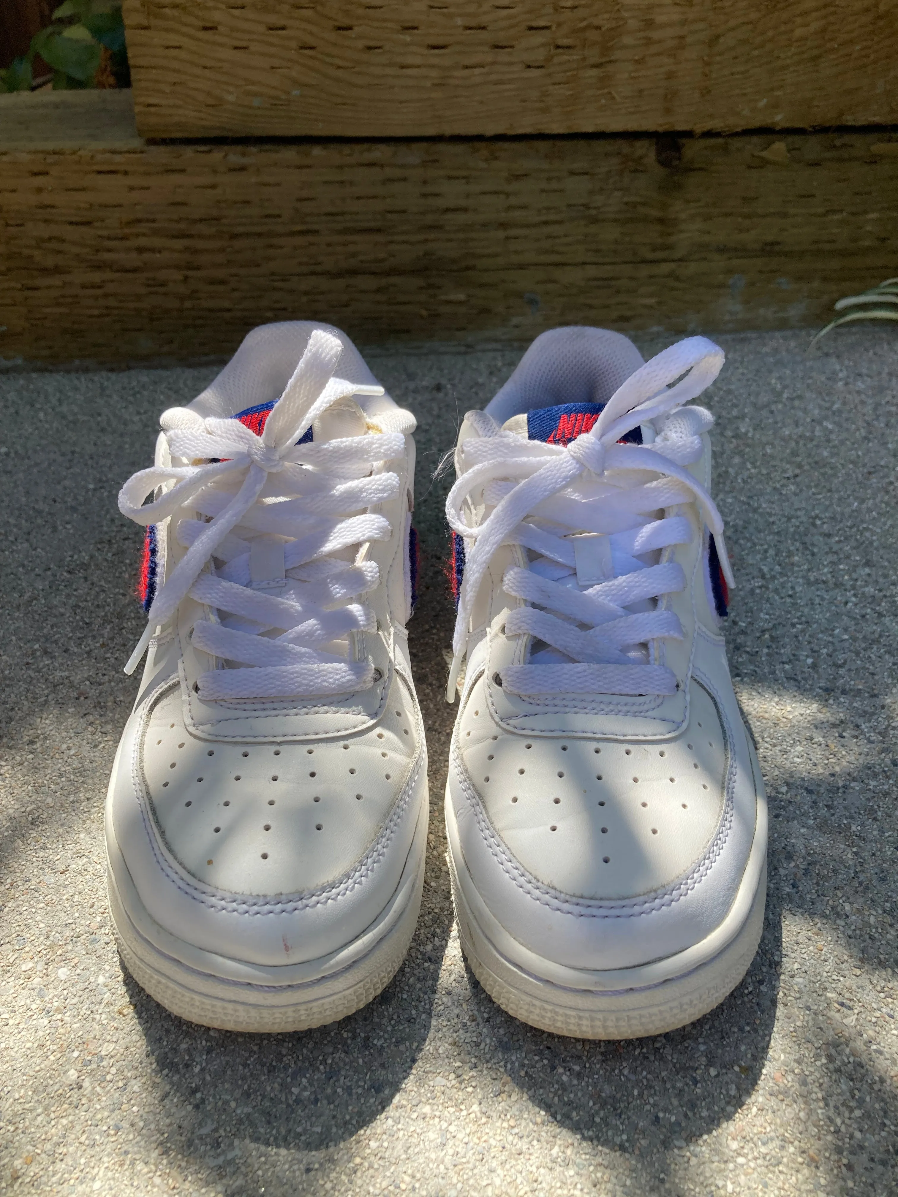 White Nike Air Force 1 with Red and Blue "Chenille Swoosh" size 6.5 Women's