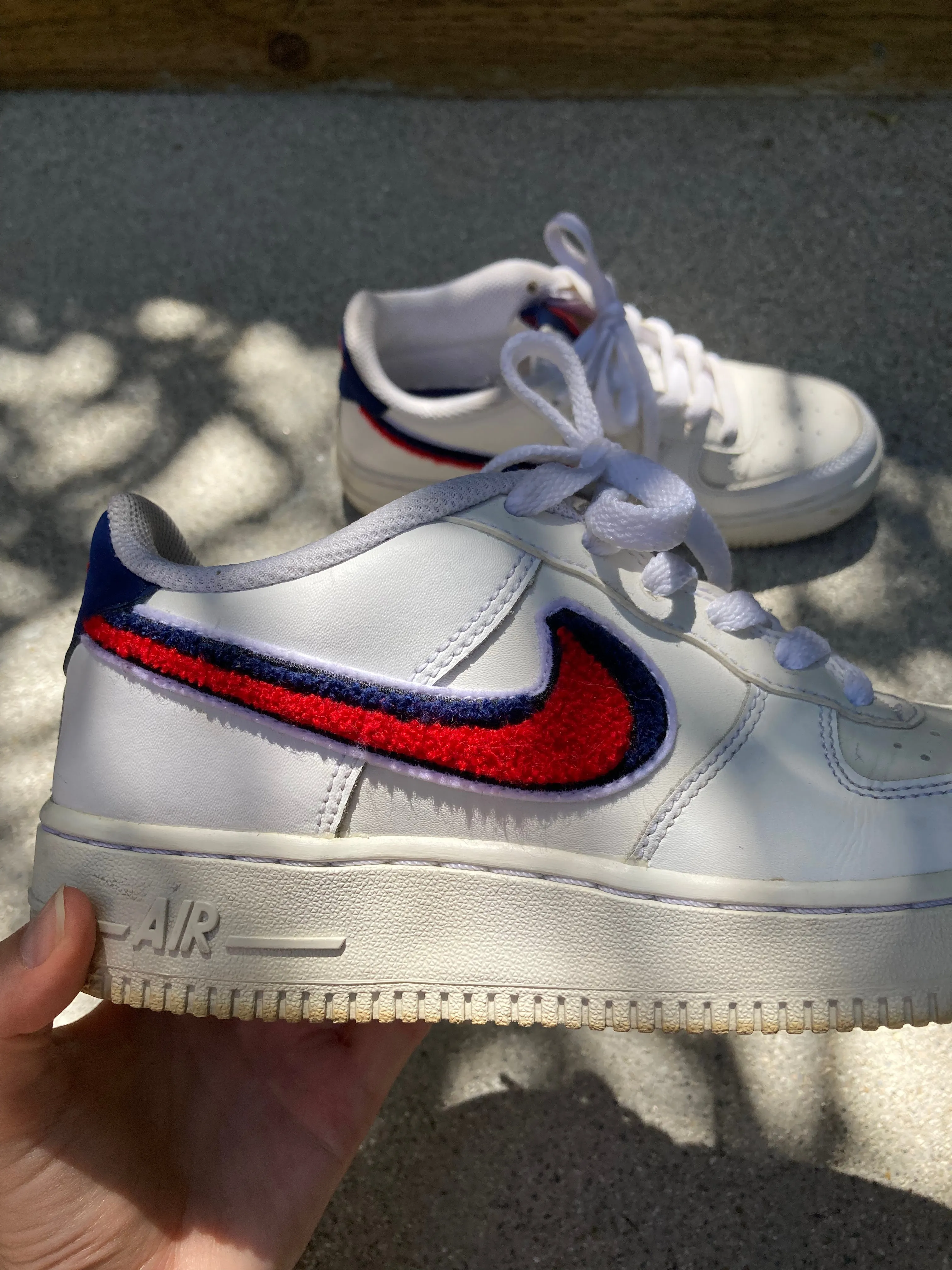 White Nike Air Force 1 with Red and Blue "Chenille Swoosh" size 6.5 Women's
