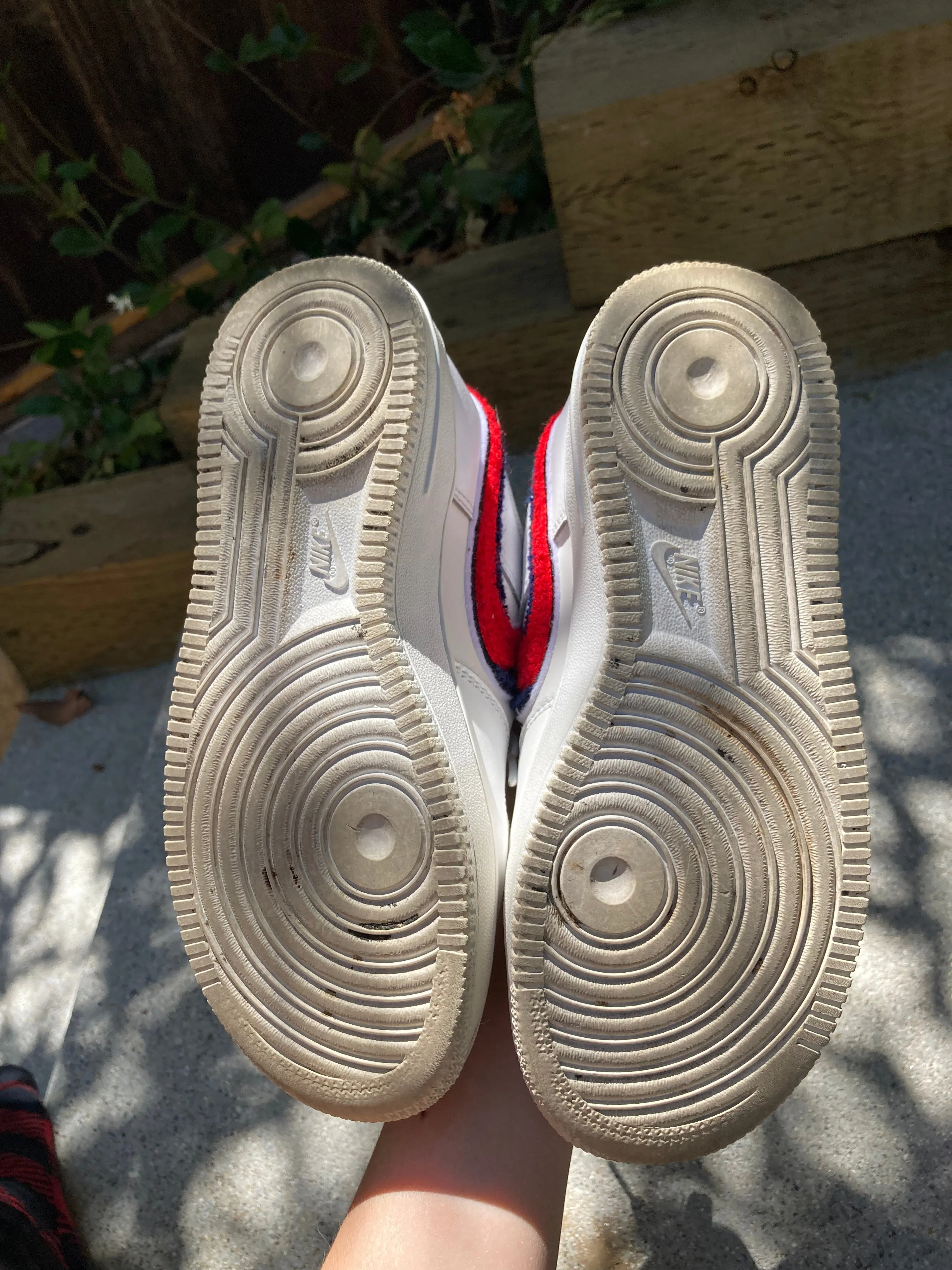 White Nike Air Force 1 with Red and Blue "Chenille Swoosh" size 6.5 Women's